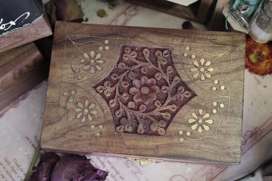 Carved wooden box for spell ingredient storage